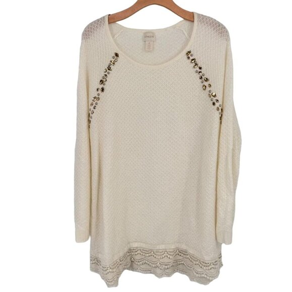 Chicos 4 Womens Size 2x rhinestone Embellished Knit Sweater Ivory lace hem - Picture 11 of 11